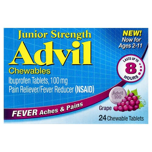 Advil, Junior Strength, Ibuprofen Tablets, Ages 2-11, Grape, 100 mg, 24 Chewable Tablets