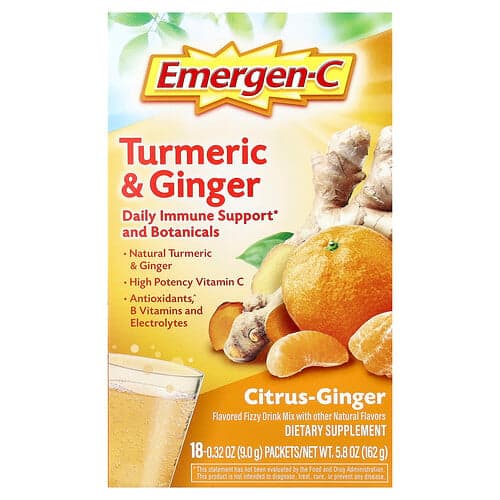 Emergen-C, Turmeric & Ginger, Citrus-Ginger, 18 Packets, 0.32 oz (9 g) Each