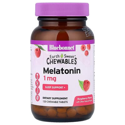 Bluebonnet Nutrition, EarthSweet® Chewables, Melatonin, Raspberry, 1 mg, 120 Chewable Tablets