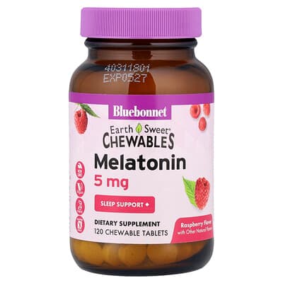 Bluebonnet Nutrition, EarthSweet® Chewables, Melatonin, Raspberry, 5 mg, 120 Chewable Tablets