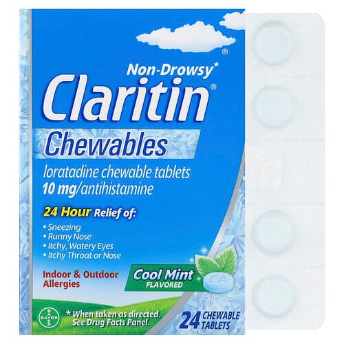 Claritin, Non-Drowsy, Loratadine Chewable Tablets, Cool Mint, 10 mg, 24 Chewable Tablets