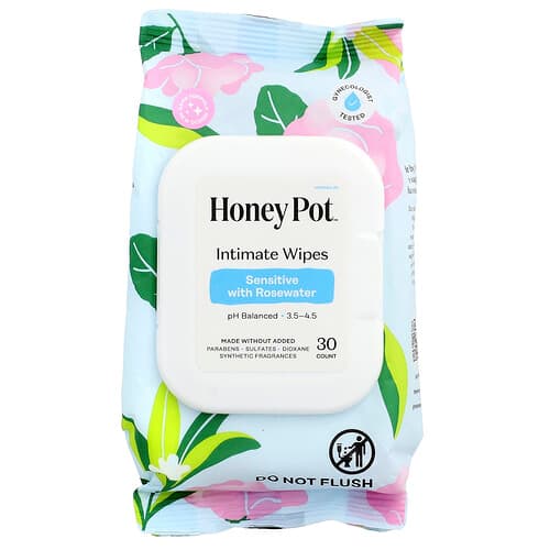 The Honey Pot Company, Intimate Wipes, Sensitive With Rose Water, 30 Count