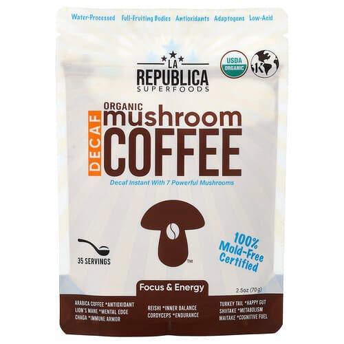 La Republica, Organic Mushroom Coffee, Decaf Instant with 7 Mushrooms, 2.5 oz (70 g)
