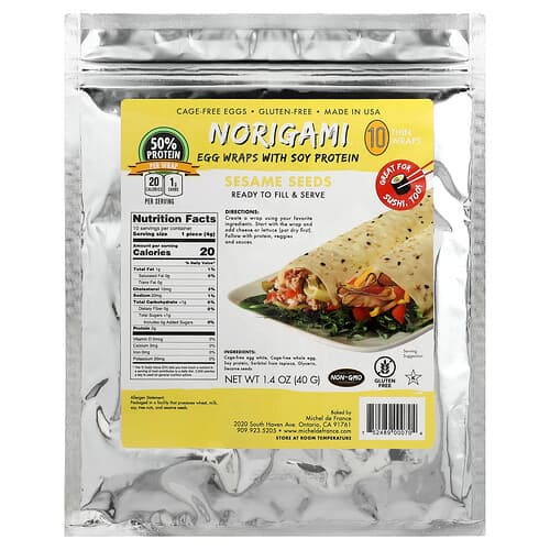 Norigami, Egg Wraps with Soy Protein, Sesame Seeds, 10 Thin Wraps, 1.4 oz (40 g)