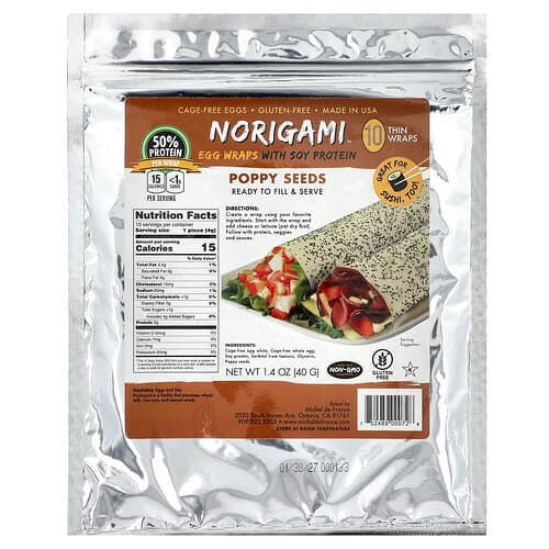 Norigami, Egg Wraps with Soy Protein, Poppy Seeds, 10 Thin Wraps, 1.4 oz (40 g)