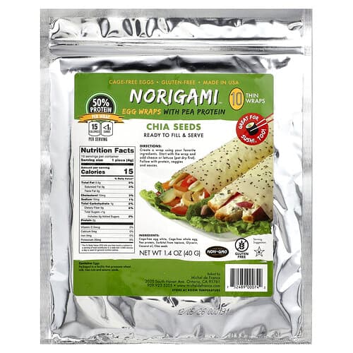 Norigami, Egg Wraps with Pea Protein, Chia Seeds, 10 Thin Wraps, 1.4 oz (40 g)