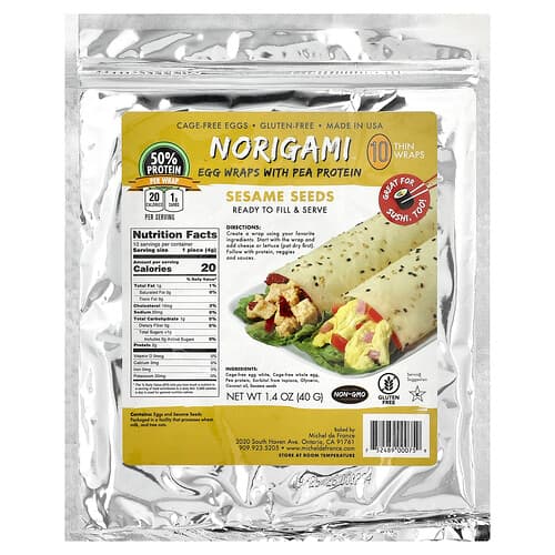 Norigami, Egg Wraps with Pea Protein, Sesame Seeds, 10 Thin Wraps, 1.4 oz (40 g)
