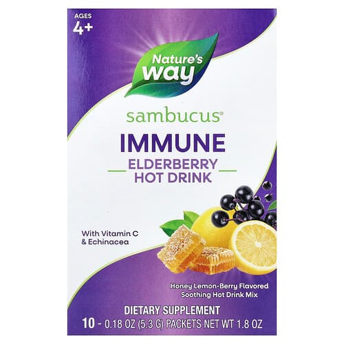 Nature's Way, Sambucus®, Immune Elderberry Hot Drink, Ages 4+, Honey Lemon-Berry, 10 Packets, 0.18 oz (5.3 g) Each