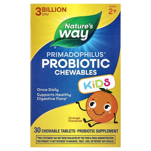 Nature's Way, Primadophilus®, Kids Probiotic Chewable, Ages 2+, Orange, 3 Billion CFU, 30 Chewable Tablets