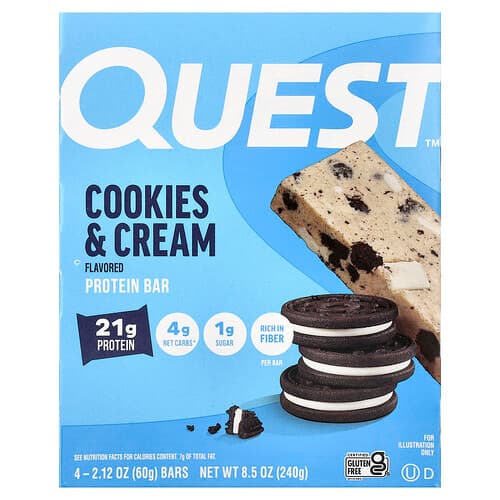Quest Nutrition, Protein Bar, Cookies & Cream, 4 Bars, 2.12 oz (60 g) Each