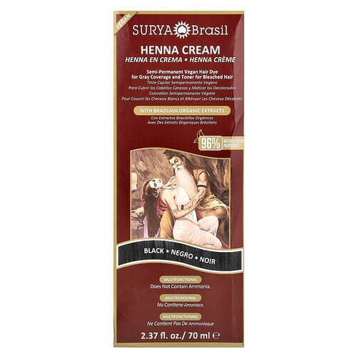 Surya Brasil, Henna Cream, Semi-Permanent Vegan Hair Dye for Gray Coverage and Toner for Bleached Hair, Black, 2.37 fl oz (70 ml)