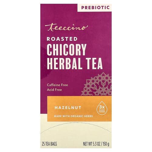 Teeccino, Roasted Chicory Herbal Tea, Hazelnut, Caffeine Free, 25 Tea Bags, 5.3 oz (150 g)