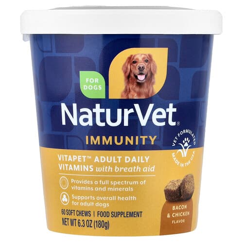 NaturVet, VitaPet™ Adult, Daily Vitamins with Breath Aid, For Dogs, Bacon & Chicken, 60 Soft Chews, 6.3 oz (180 g)