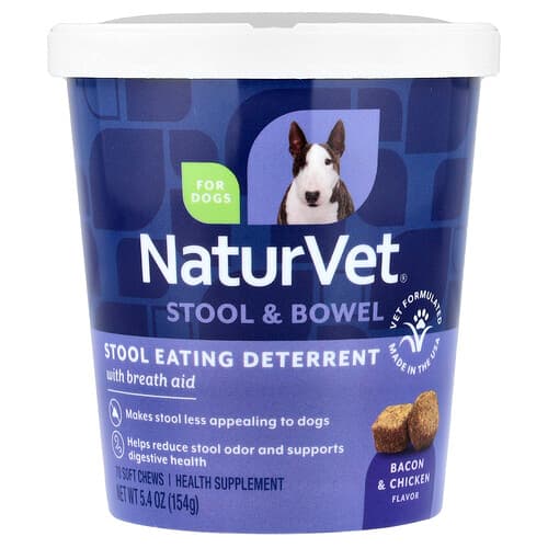 NaturVet, Stool & Bowel, Stool Eating Deterrent with Breath Aid, For Dogs, Bacon & Chicken, 70 Soft Chews, 5.4 oz (154 g)