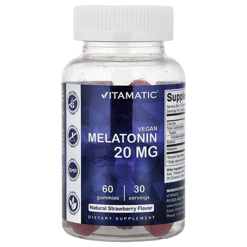 Vitamatic, Vegan Melatonin Gummies, Natural Strawberry, 60 Gummies (10 mg per Gummy)