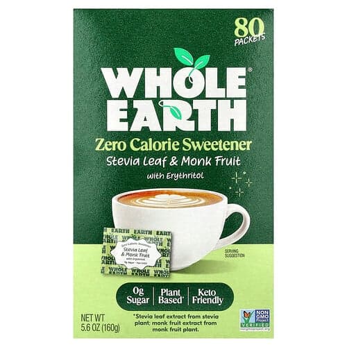 Whole Earth, Zero Calorie Sweetener, Stevia Leaf & Monk Fruit with Erythritol, 80 Packets, 5.6 oz (160 g)