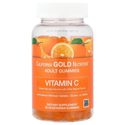 California Gold Nutrition, Vitamin C Gummies with Vitamin A from 100% Beta-Carotene, Orange, 90 Vegetarian Gummies