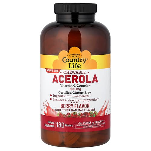 Country Life, Chewable Acerola, Vitamin C Complex, Berry, 180 Wafers