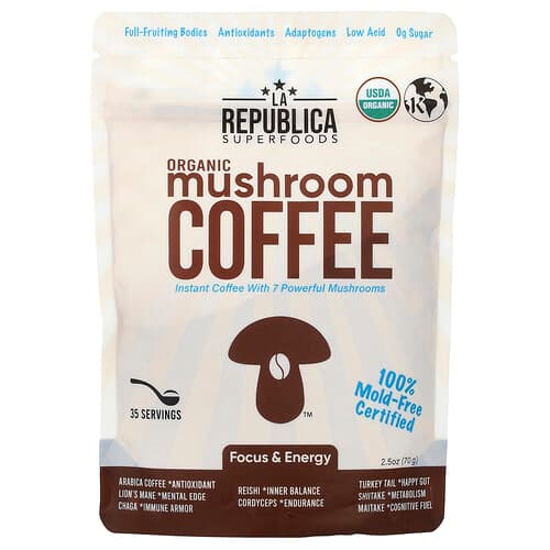 La Republica, Organic Mushroom Coffee, Instant Coffee With 7 Mushrooms, 2.5 oz (70 g)