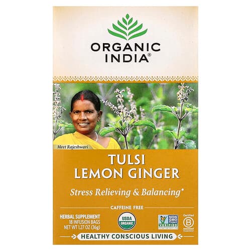 Organic India, Tulsi Lemon Ginger Tea, Caffeine-Free, 18 Infusion Bags, 1.27 oz (36 g)