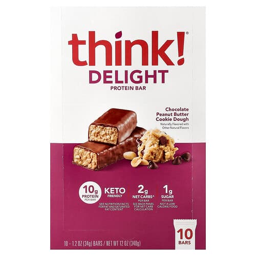 Think !, Delight Protein Bar, Chocolate Peanut Butter Cookie Dough, 10 Bars, 1.2 oz (34 g) Each